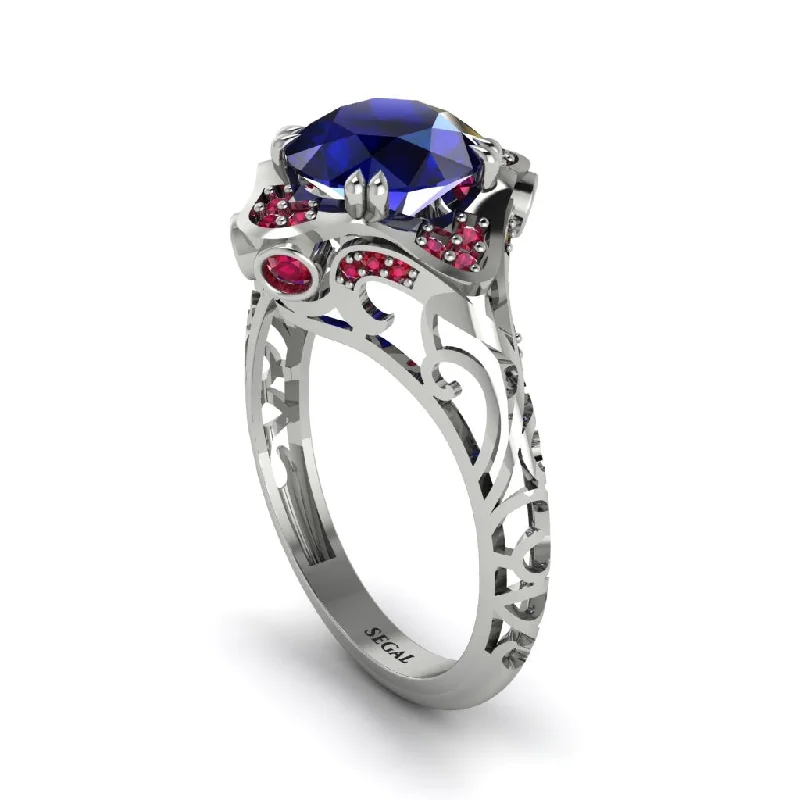 Custom Gold Rings For Special Occasions-Sapphire Ornate Filigree Engagement Ring - Evie No. 60