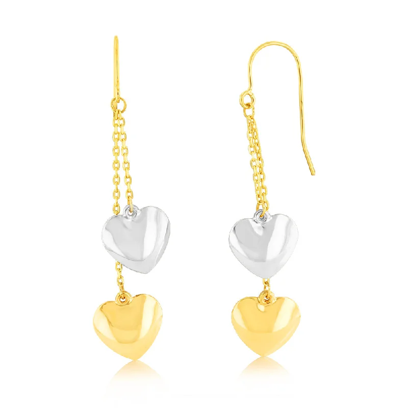 Handcrafted Gemstone Earrings For Boho Style-9ct Yellow And White Two-Tone Gold Heart Drop Hook Earrings