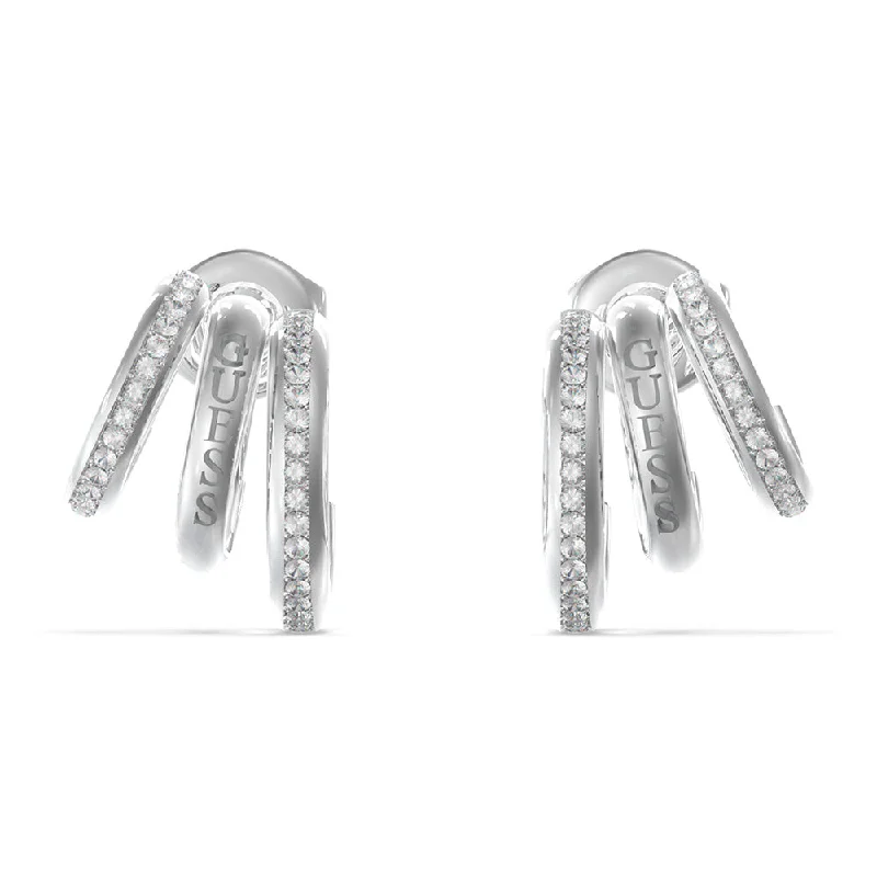 Glamorous Earrings For Night Life-Guess Stainless Steel Rhodium Plated 12mm Triple Mini Hoop Earrings