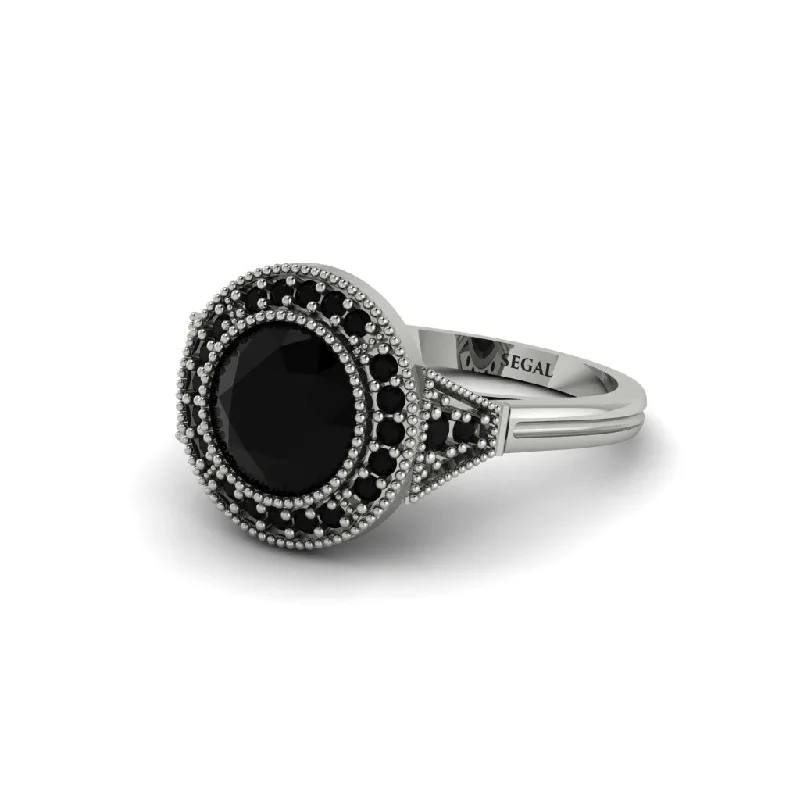 Luxury Wedding Rings For Elegant Weddings-Round Cut Black Diamond Milgrain Halo Engagement Ring - Maggie No. 39