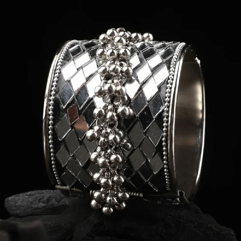 Sparkling Crystal-Set Bangles For Special Occasions-Bevy Pearls Oxidised Plated Openable Ghungroo Bangle