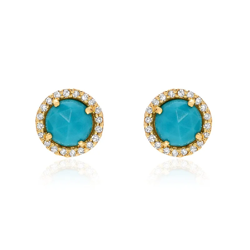 Fashion Earrings For Daily Wear-14k Gold Rose Cut Turquoise with Diamond Halo Post Earrings