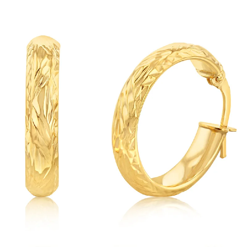 Bold Gold Earrings For Special Occasions-9ct Yellow Gold Patterned Tube 15mm Earrings