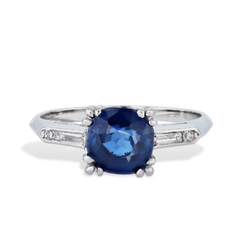 Bold Engagement Rings For Creative Proposals-Cushion Cut Blue Sapphire and Diamond Platinum Ring