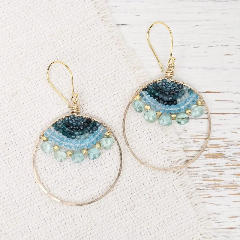 Elegant Gold Earrings For Luxury Fashion-Gold Hoop with Woven Blue Mix Earrings