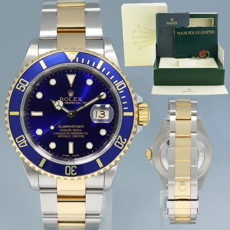 Timeless Digital Watches For All-Day Wear-MINT 2002 Rolex Submariner 16613 Gold Steel Two Tone Gold Buckle Sunburst Blue Watch