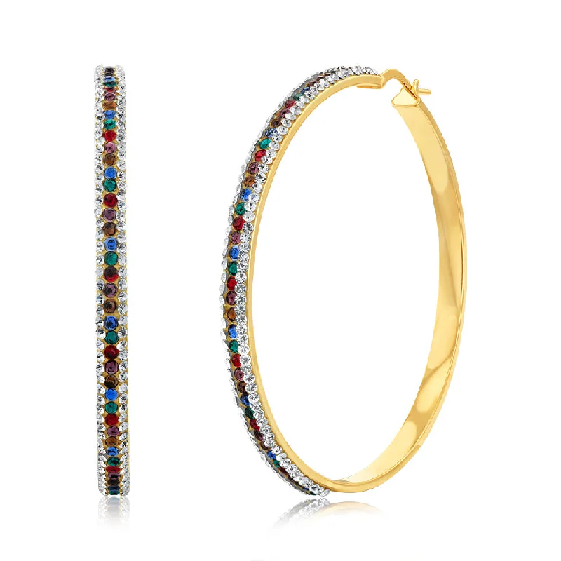 Statement Earrings For Fashion Forward Looks-9ct Yellow Gold Silverfilled Multicolour And White Crystal 50mm Broad Hoop Earrings