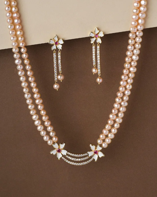 Floral Pink Pearl Necklace Set