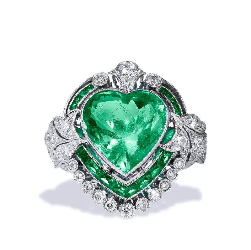 Simple Engagement Bands For Minimalist Brides-Heart Shape 5.87 Carat Colombian Emerald Ring