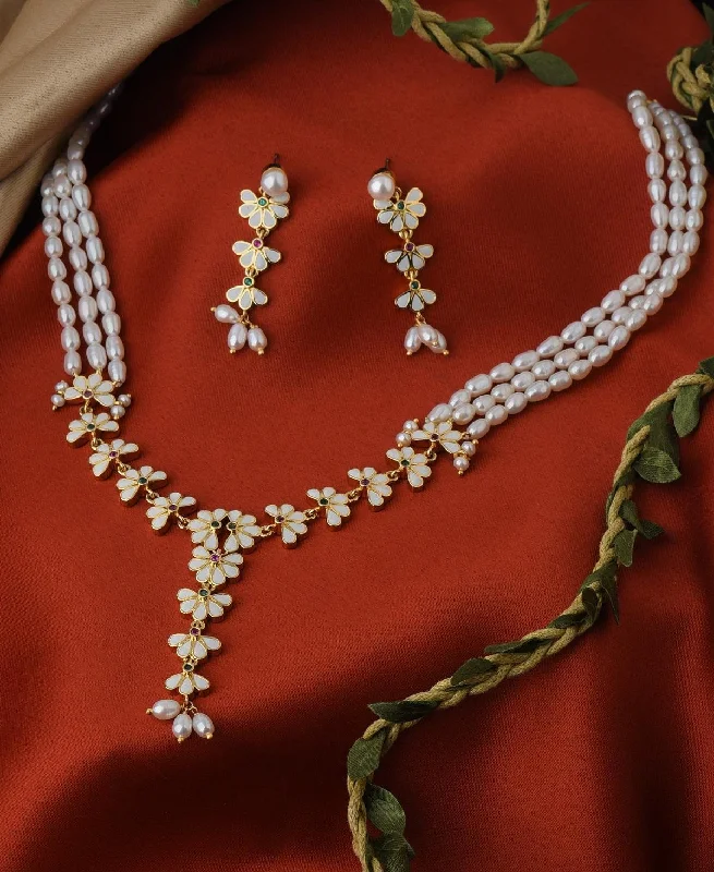 Floral Enamel Real Pearl Necklace Set