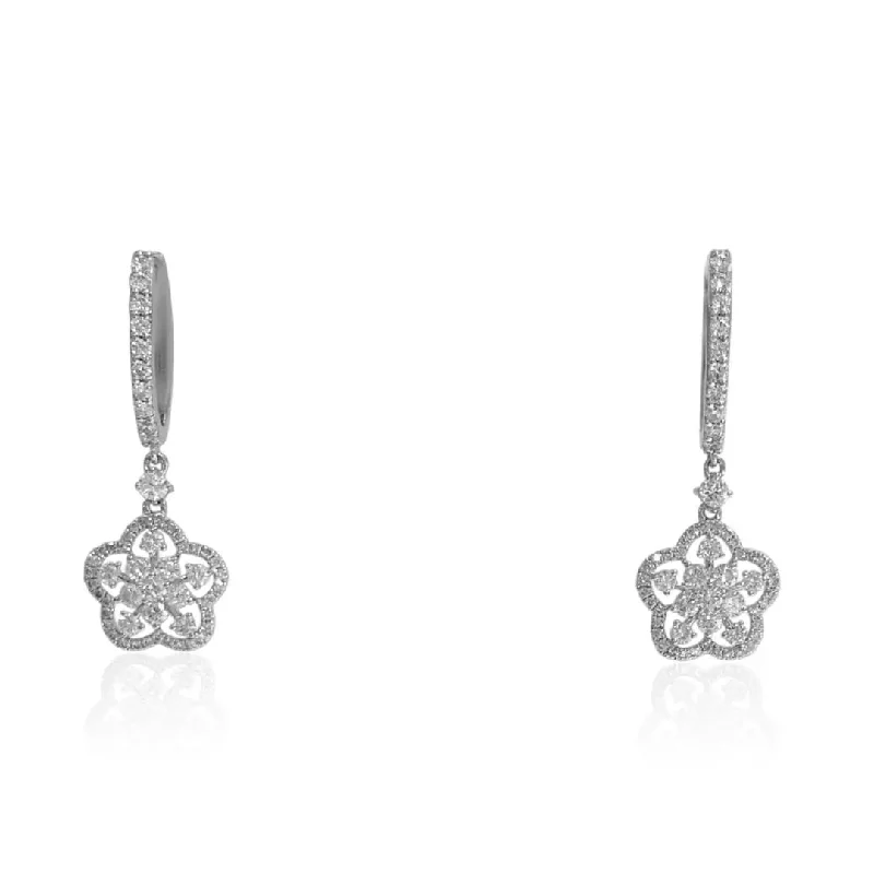 Silver Earrings For Bridesmaid Gifts-White Gold Floral Diamond Hanging Earrings