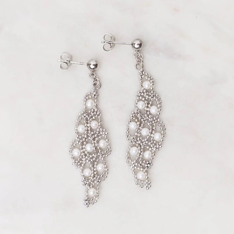 Sparkling Pearl Earrings For Glamorous Looks-Sterling Silver Woven Diamond with Pearls Drop Earrings