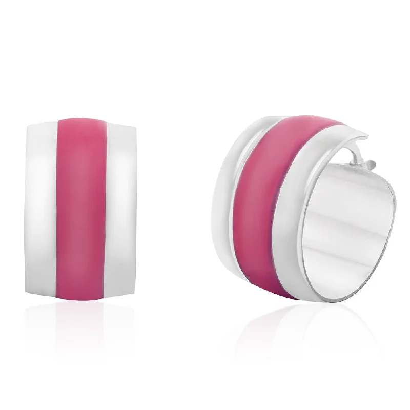 Glamorous Earrings For Evening Parties-Sterling Silver Pink Enamel On Wide Hoop Earrings