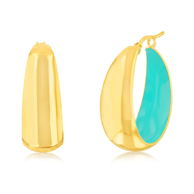 Long Drop Earrings For Fashion Enthusiasts-Sterling Silver Gold Plated Aqua Enamel Inside 22mm Hoop Earrings