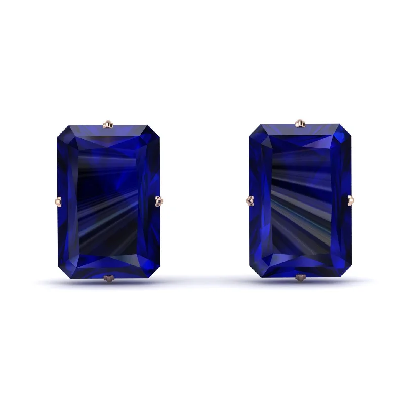 Fancy Stud Earrings For Formal Events-Hidden Halo Emerald Cut Sapphire Earrings  - Vanessa No. 44