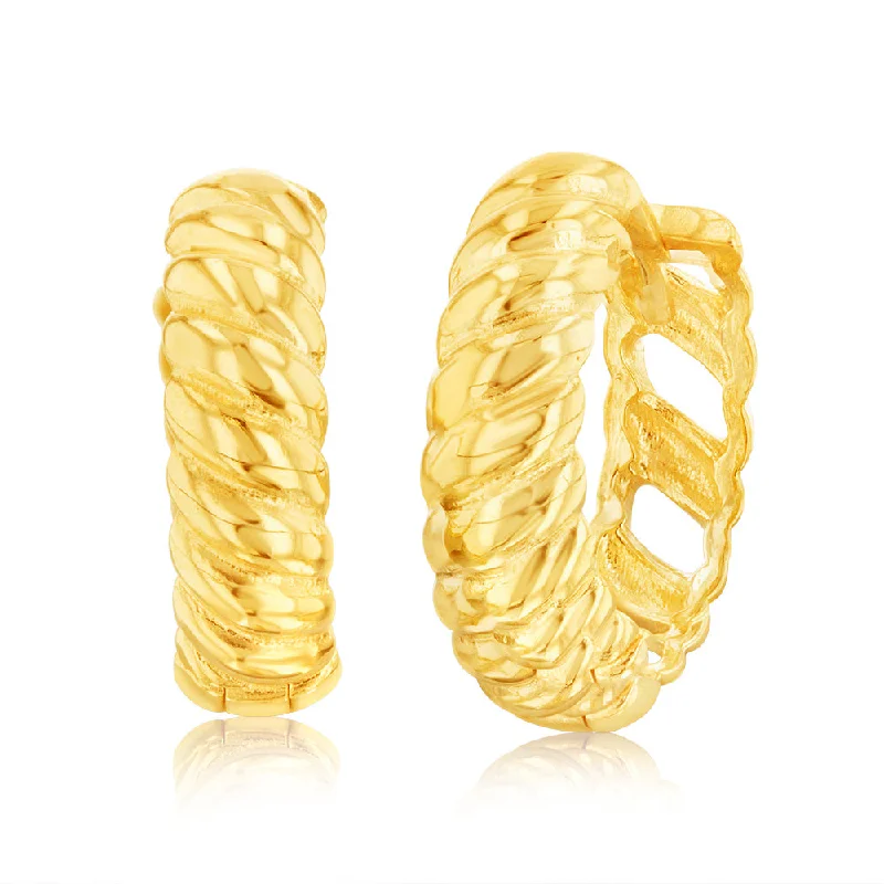 Glamorous Earrings For Cocktail Parties-9ct Yellow Gold Patterned 10.5mm Hoop Earrings