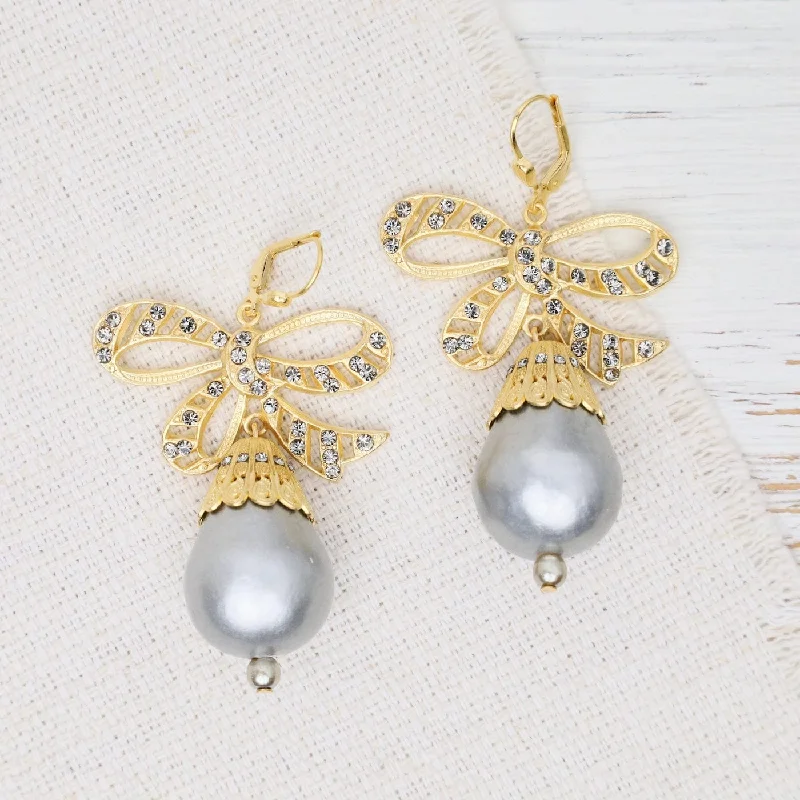 Classic Diamond Earrings For Elegant Style-Grey Glass Pearl and Bow Earrings