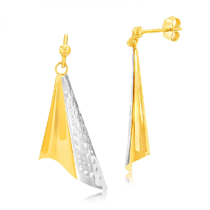 Fashionable Earrings For Spring Fashion-9ct Yellow And White Gold Folded Triangle Drop Earrings