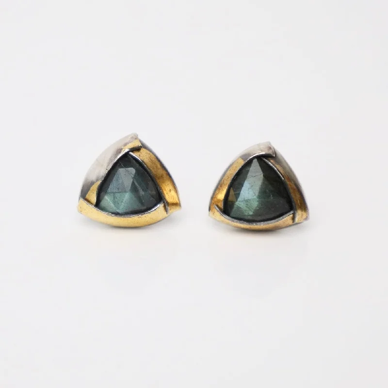 Fashionable Drop Earrings For Special Occasions-Labradorite Tri Fold Stud Earrings