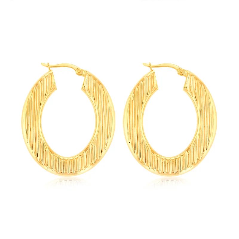 Simple Stud Earrings For Elegant Style-9ct Yellow Gold Double Side Textured Oval Hoop Earrings