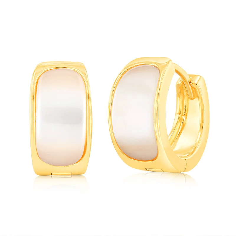 Stylish Earrings For Office Wear-Sterling Silver Gold Plated Mother Of Pearl Huggies Hoop Earrings