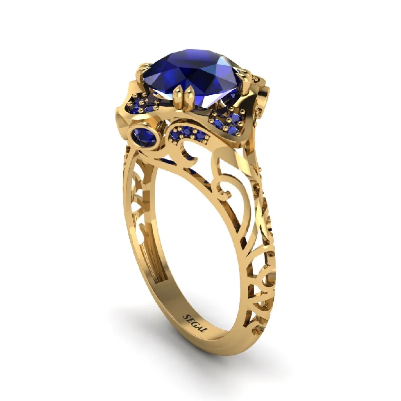 Fashionable Wedding Bands For Modern Couples-Sapphire Ornate Filigree Engagement Ring - Evie No. 73