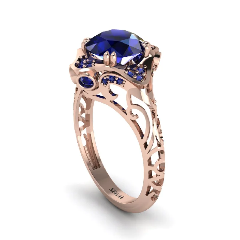 Custom Wedding Rings For Special Occasions-Sapphire Ornate Filigree Engagement Ring - Evie No. 74