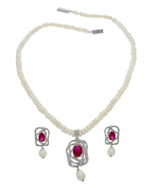 Sterling Stone Studded Pearl Necklace Set