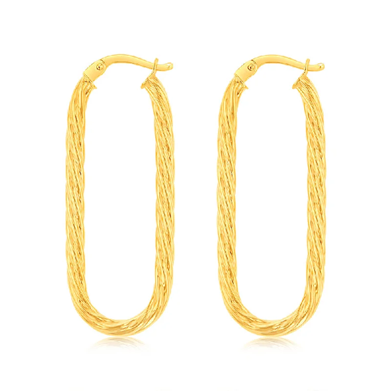 Stylish Earrings For Night Events-9ct Yellow Gold Twisted Elongated Hoop Earrings