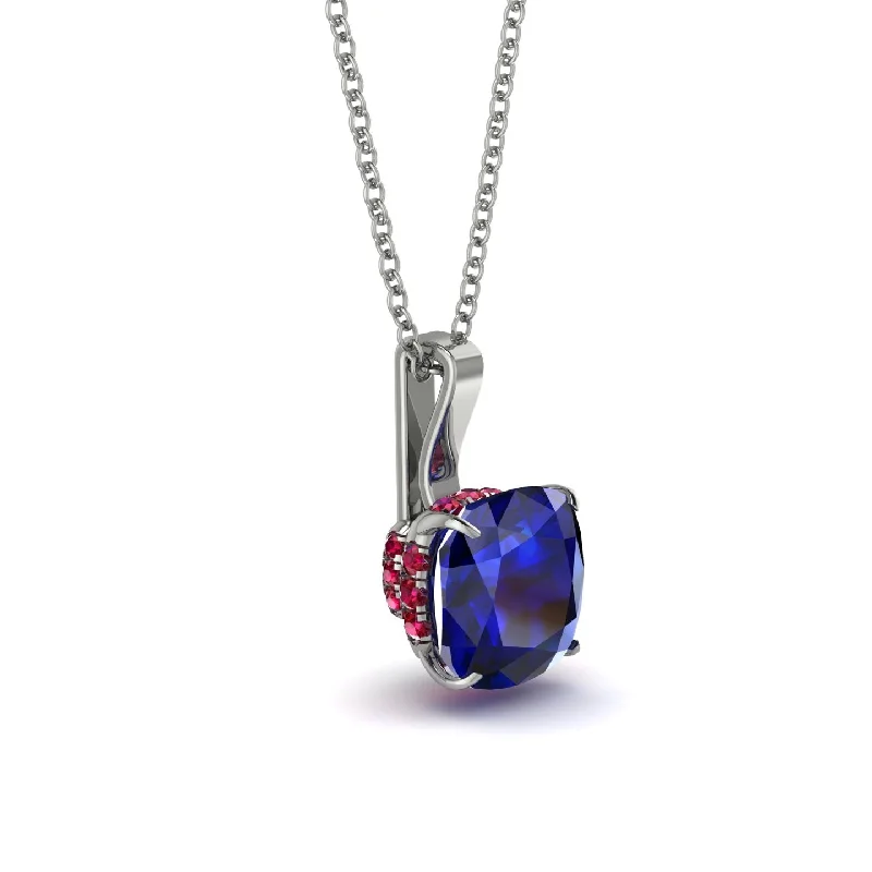 Hidden Halo Cushion Sapphire Necklace - Alivia No. 60