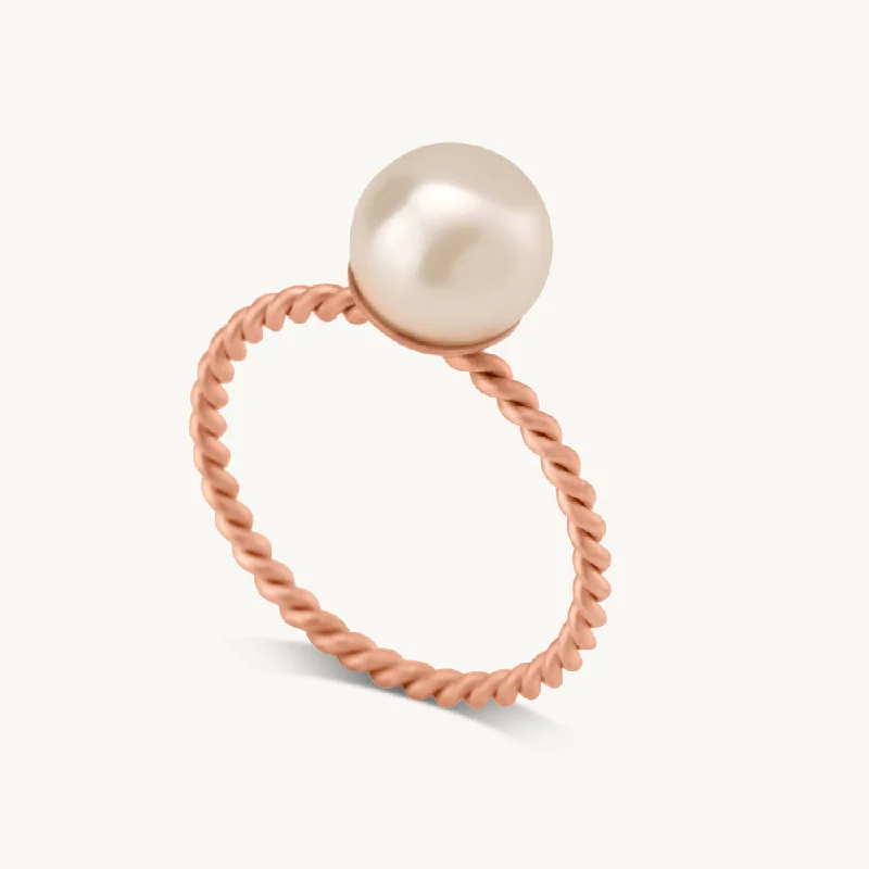 Fashionable Wedding Bands For Modern Couples-Dainty Pearl Ring- 18k Rose Gold Plated