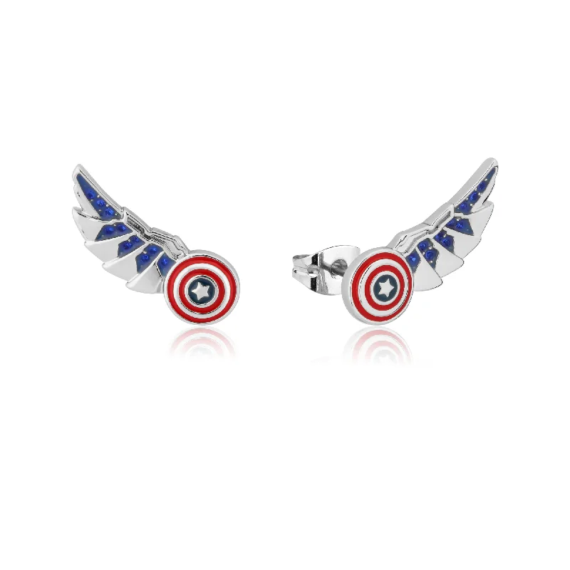 Elegant Silver Earrings For Formal Occasions-Disney Stainless Steel 14ct White Gold Plated Captain America Wing Stud Earrings