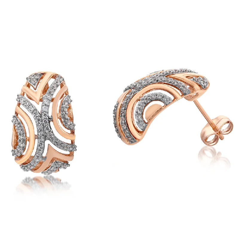 Designer Earrings For Exclusive Collections-9ct Rose Gold Patterned Cubic Zirconia Half Hoop Earrings