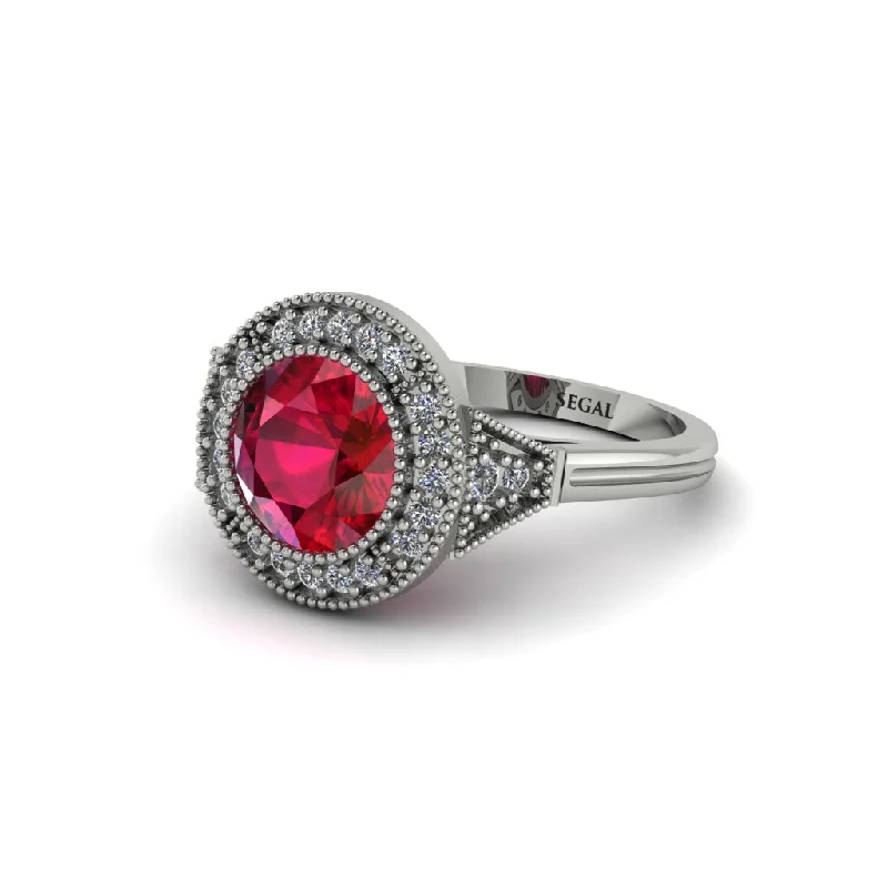 Unique Gemstone Rings For Colorful Fashion-Round Cut Ruby Milgrain Halo Engagement Ring - Maggie No. 12