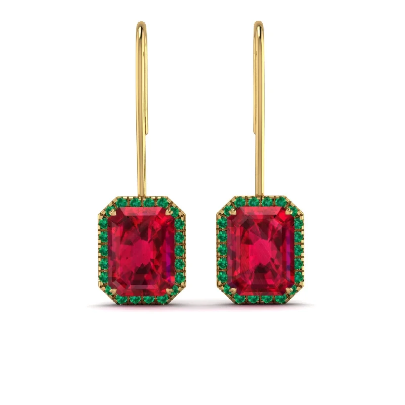 Gold Earrings For Wedding Celebrations-Halo Emerald Cut Ruby Earrings - Izabella No. 25