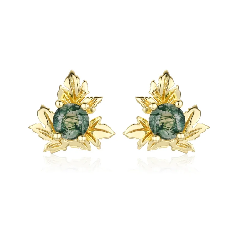 Chic Silver Earrings For Stylish Women-Frosted Fern Moss Agate Studs (Yellow Gold)