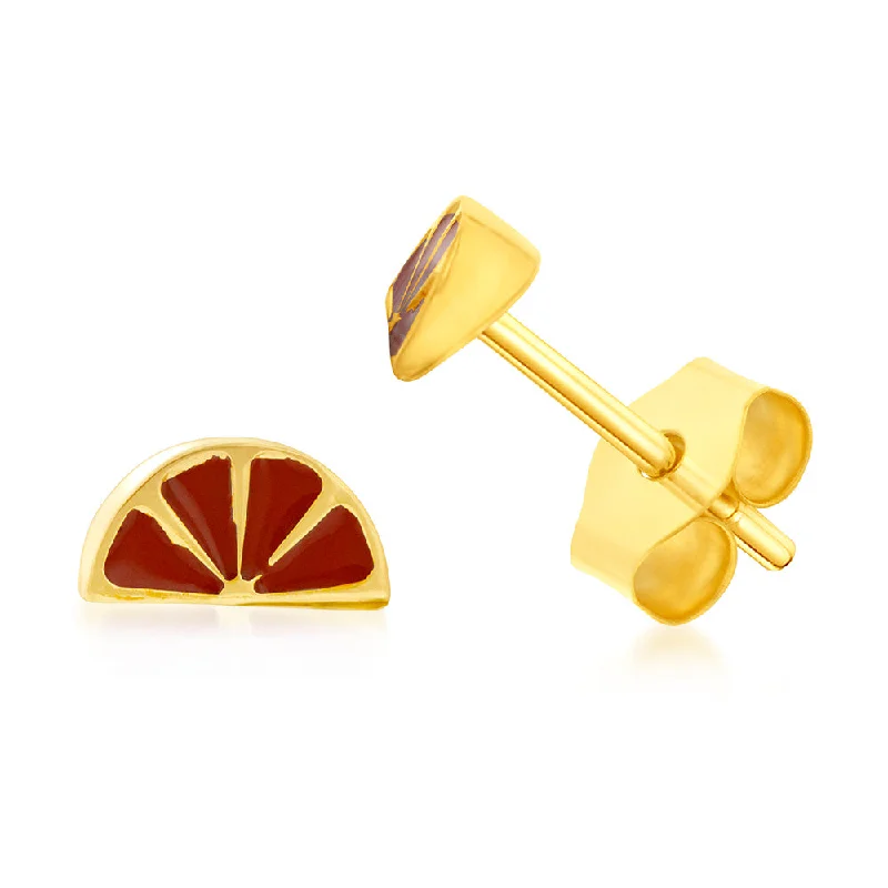 Trendy Hoop Earrings For Young Women-9ct Yellow Gold Slice Of Orange Lime Stud Earrings