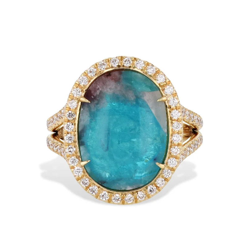 Stunning Gemstone Engagement Rings For Special Moments-Oval Paraiba Tourmaline Cabochon Diamond Yellow Gold Ring