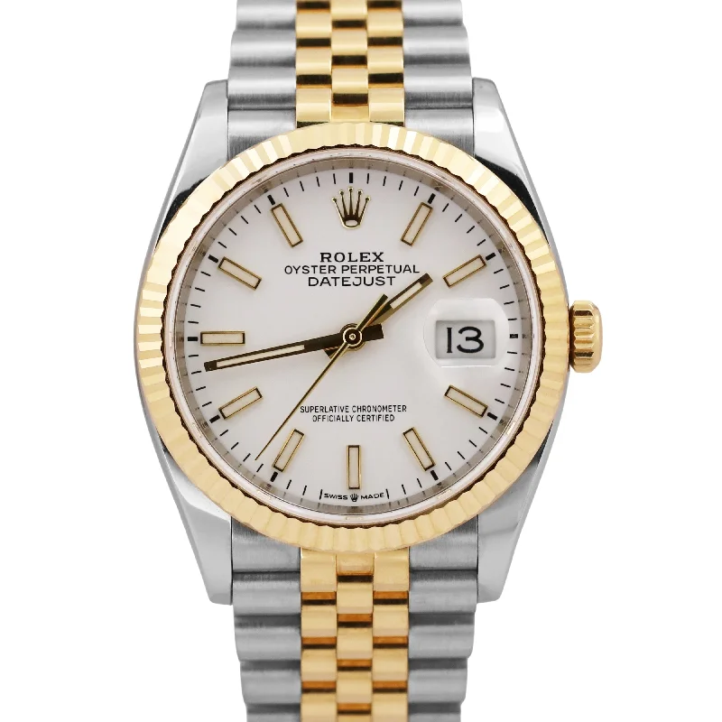 Elegant Women’s Rose Gold Watches For Glamorous Wear-MINT PAPERS Rolex DateJust 36mm WHITE 18K Yellow Gold Steel JUBILEE 126233 BOX