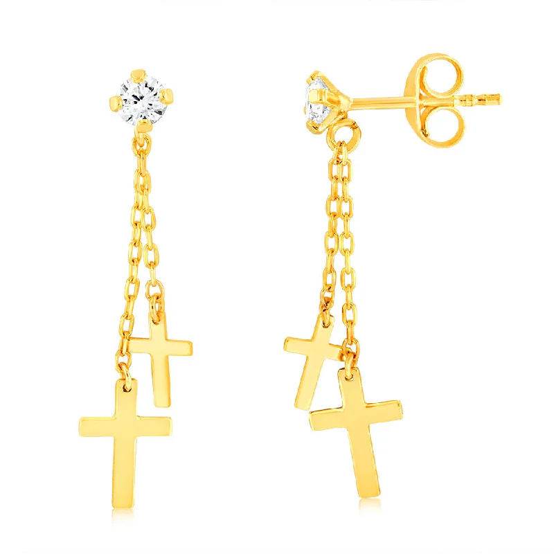 Bold Gold Earrings For Special Occasions-9ct Yellow Gold Double Cross On Chain Drop Earrings