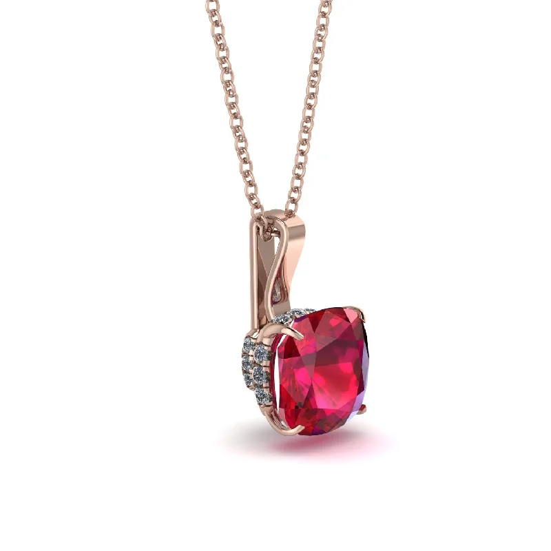 Hidden Halo Cushion Ruby Necklace - Alivia No. 11