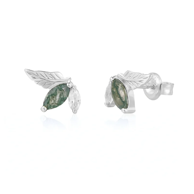 Silver Earrings For Luxurious Glam-Verdant Moss Agate Studs