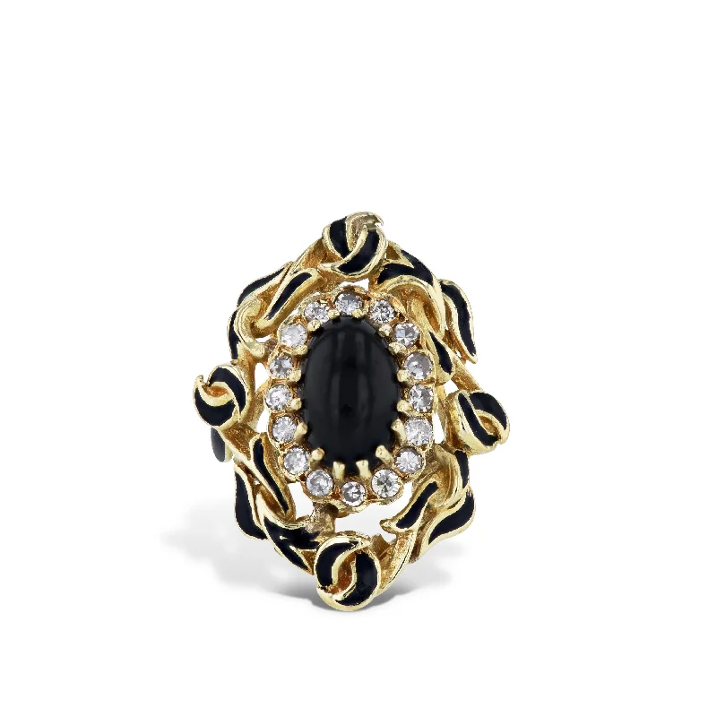 Unique Cocktail Rings For Glamorous Nights-Oval Black Onyx, Diamond and Enamel Yellow Gold Estate Ring