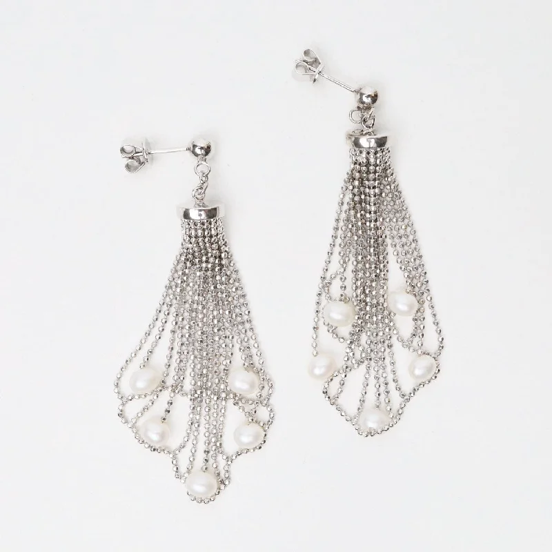 Stylish Earrings For Office Wear-Sterling Lace Waterfall with Pearls Earrings