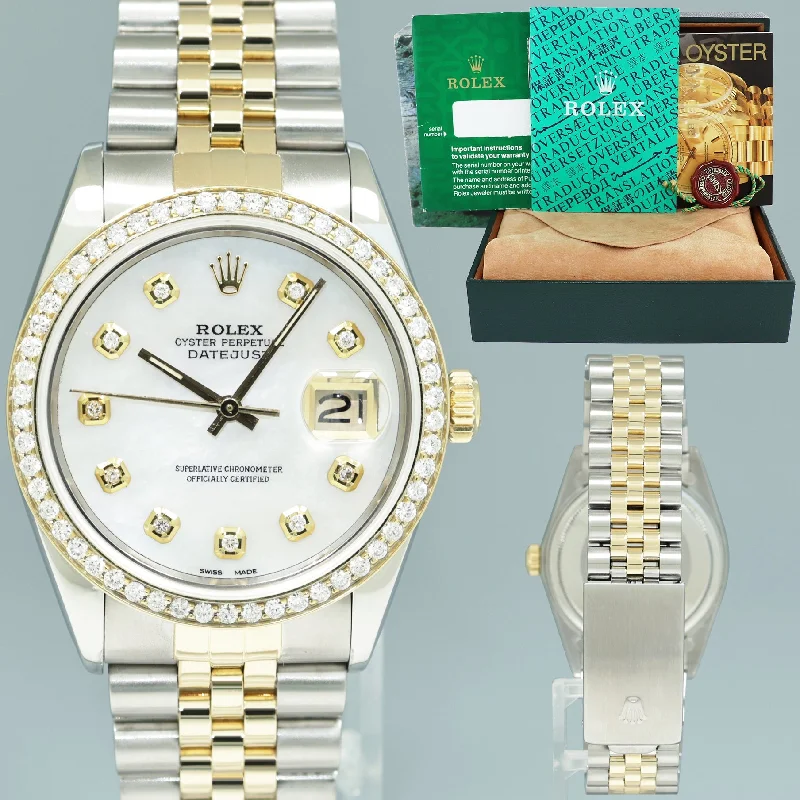 Stunning Gold Watches For Luxury Glam-DIAMOND BEZEL Rolex DateJust 16233 Two-Tone  Yellow Gold MOP Jubilee Watch Box