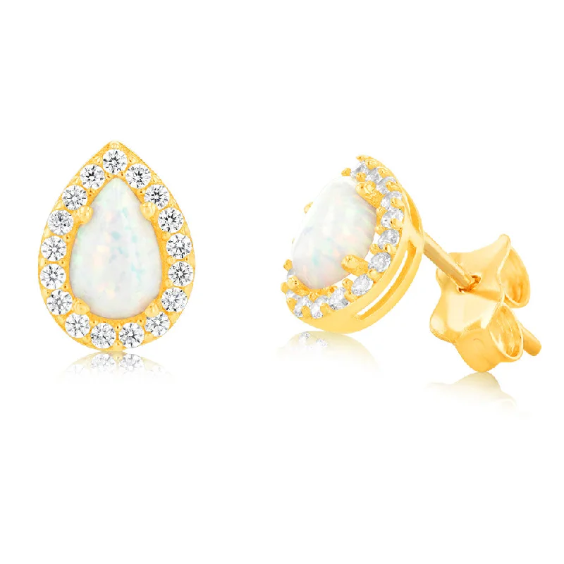 Boho Earrings For Casual Outfits-9ct Yellow Gold Teardrop Created Opal & Zirconia Stud Earrings