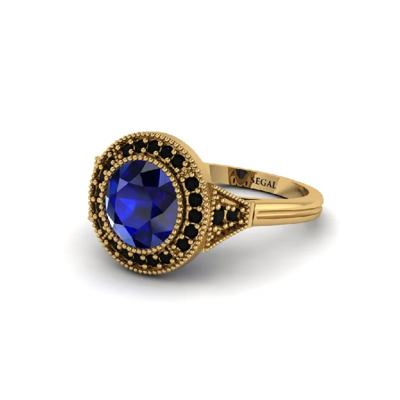 Elegant Gold Wedding Rings For Classic Fashion-Round Cut Sapphire Milgrain Halo Engagement Ring - Maggie No. 43