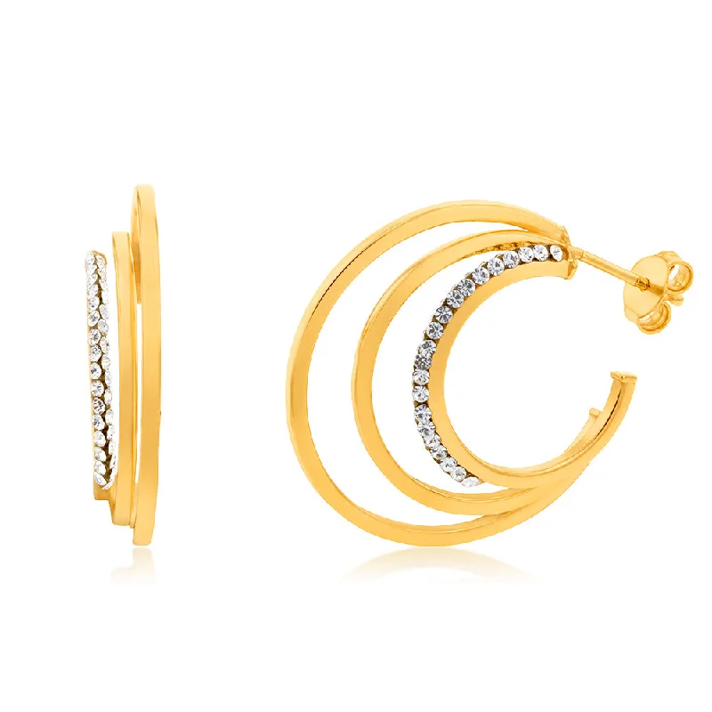 Classic Pearl Earrings For Wedding Glam-9ct Yellow Gold Silverfilled Tripple Hoop With Crystals Earrings