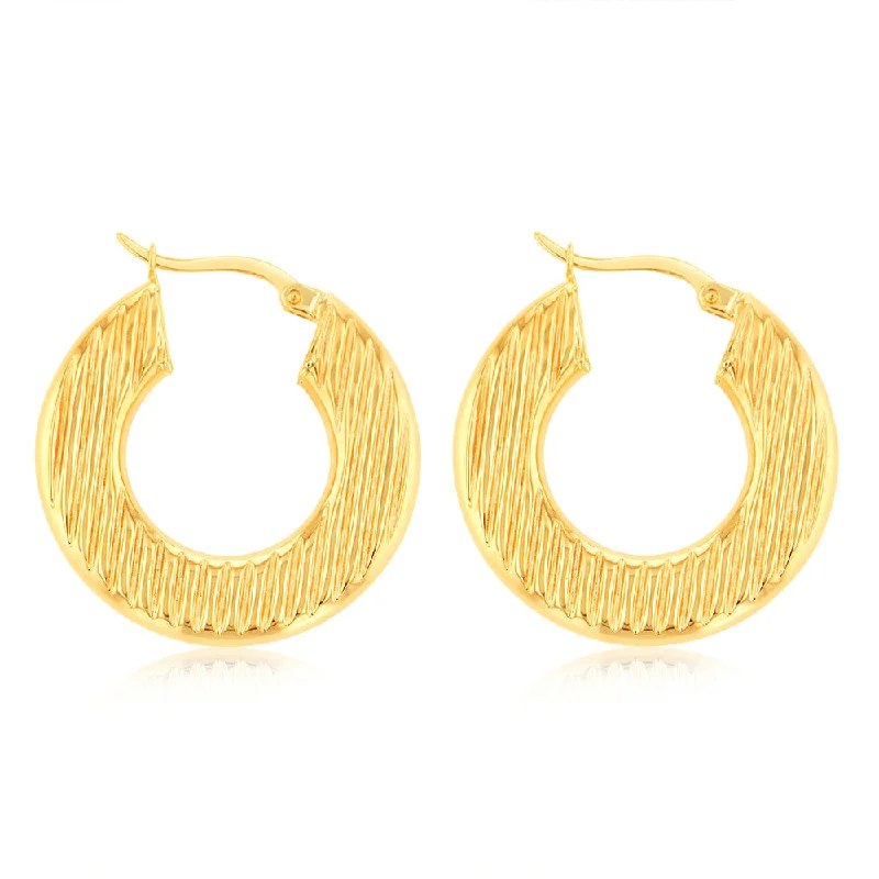 Glamorous Earrings For Evening Parties-9ct Yellow Gold Double Side Texture Round Hoop Earrings