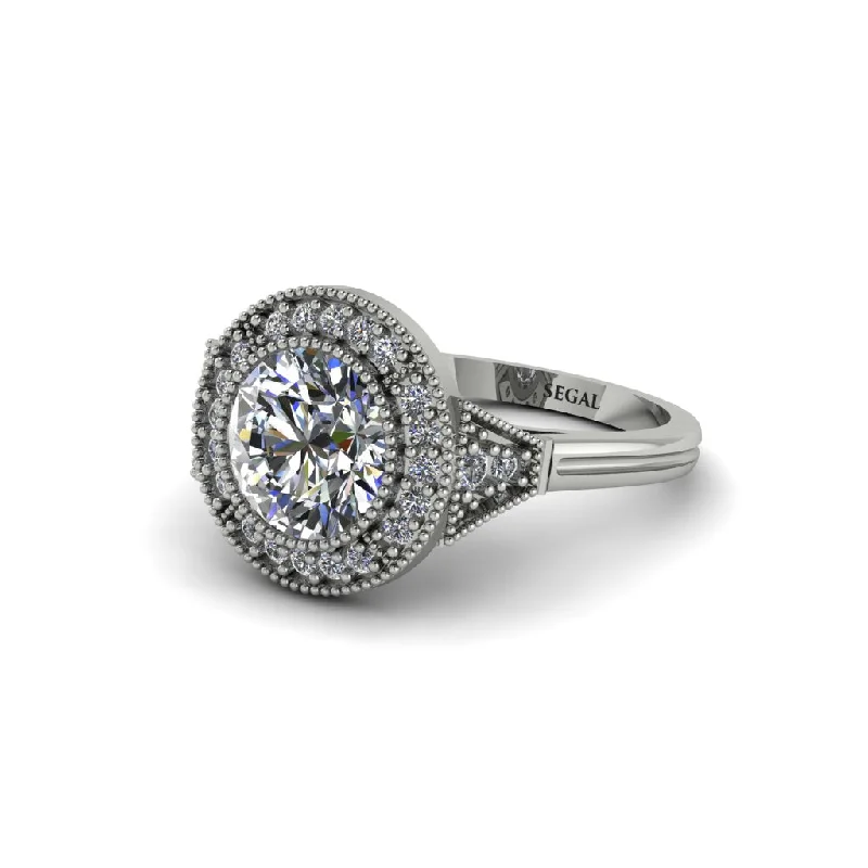 Beautiful Vintage-Inspired Wedding Rings For Classic Brides-Round Cut Diamond Milgrain Halo Engagement Ring - Maggie No. 3